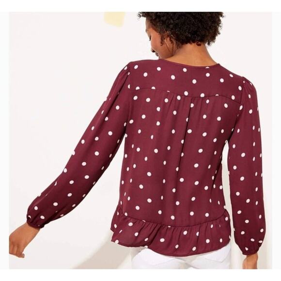 Loft Burgundy Plum & Pink Polka Dot Tie Neck Ruffle Hem Long Sleeve Blouse XXS - Picture 2 of 11